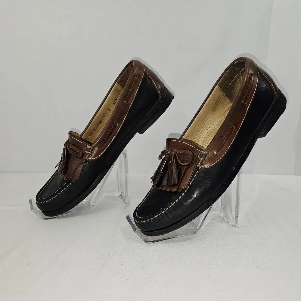 Cole Haan Loafers Mens 9.5D Black Brown Leather Kiltie Tassel Mexico Vintage